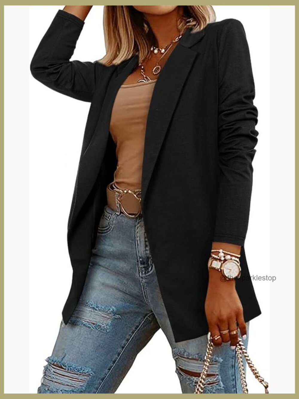 Lightweight Cotton Blazer with Metal Buckle, Open Front Slim Fit